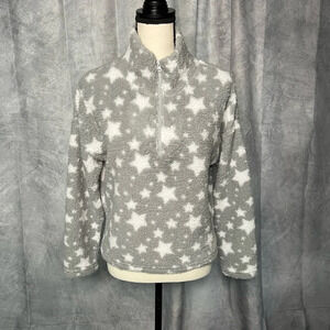 Love + Joy Gray and White Star 1/2 Zip Long Sleeved Cropped Fleece - size Medium
